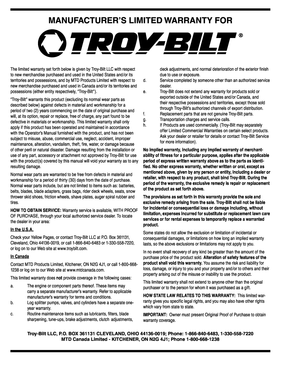 Troy-Bilt STORM Series warranty Manufacturer’S Limited Warranty For, In the U.S.A, In Canada 