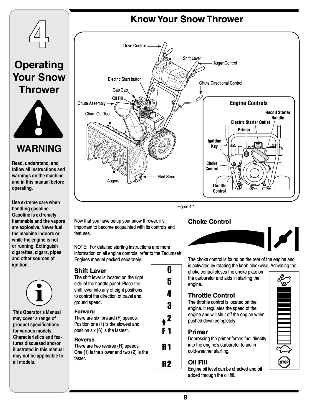 Troy-Bilt STORM Series warranty Operating Your Snow Thrower, Know Your Snow Thrower, Engine Controls, Forward, Reverse 