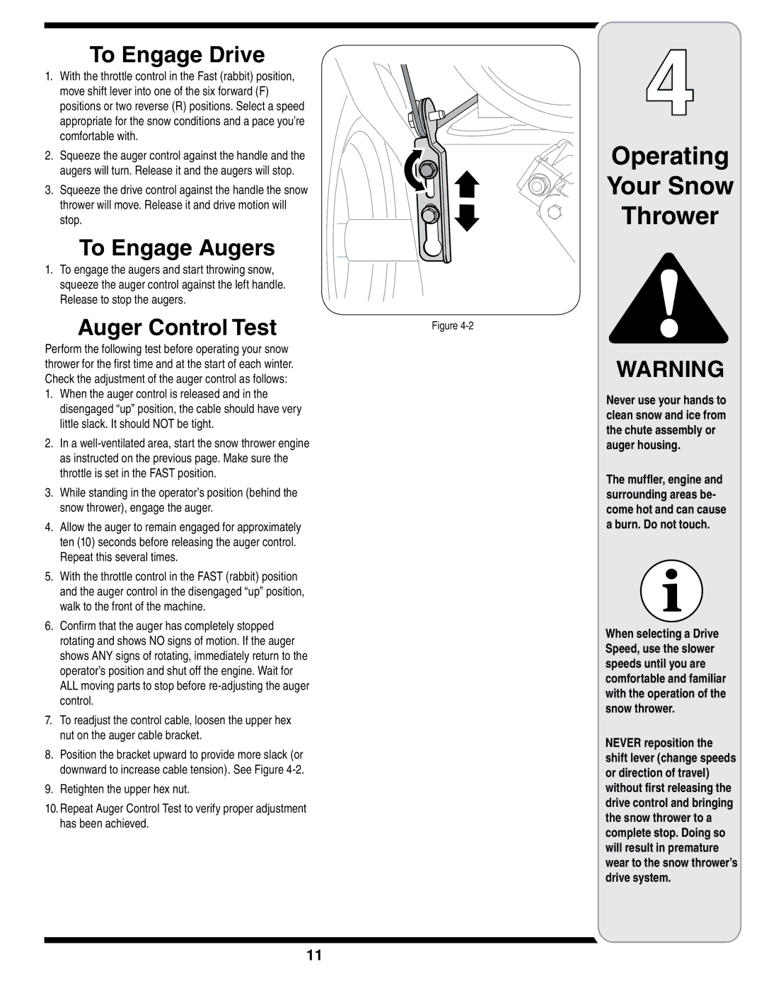 Troy-Bilt STORM Series warranty To Engage Drive, To Engage Augers, Auger Control Test 