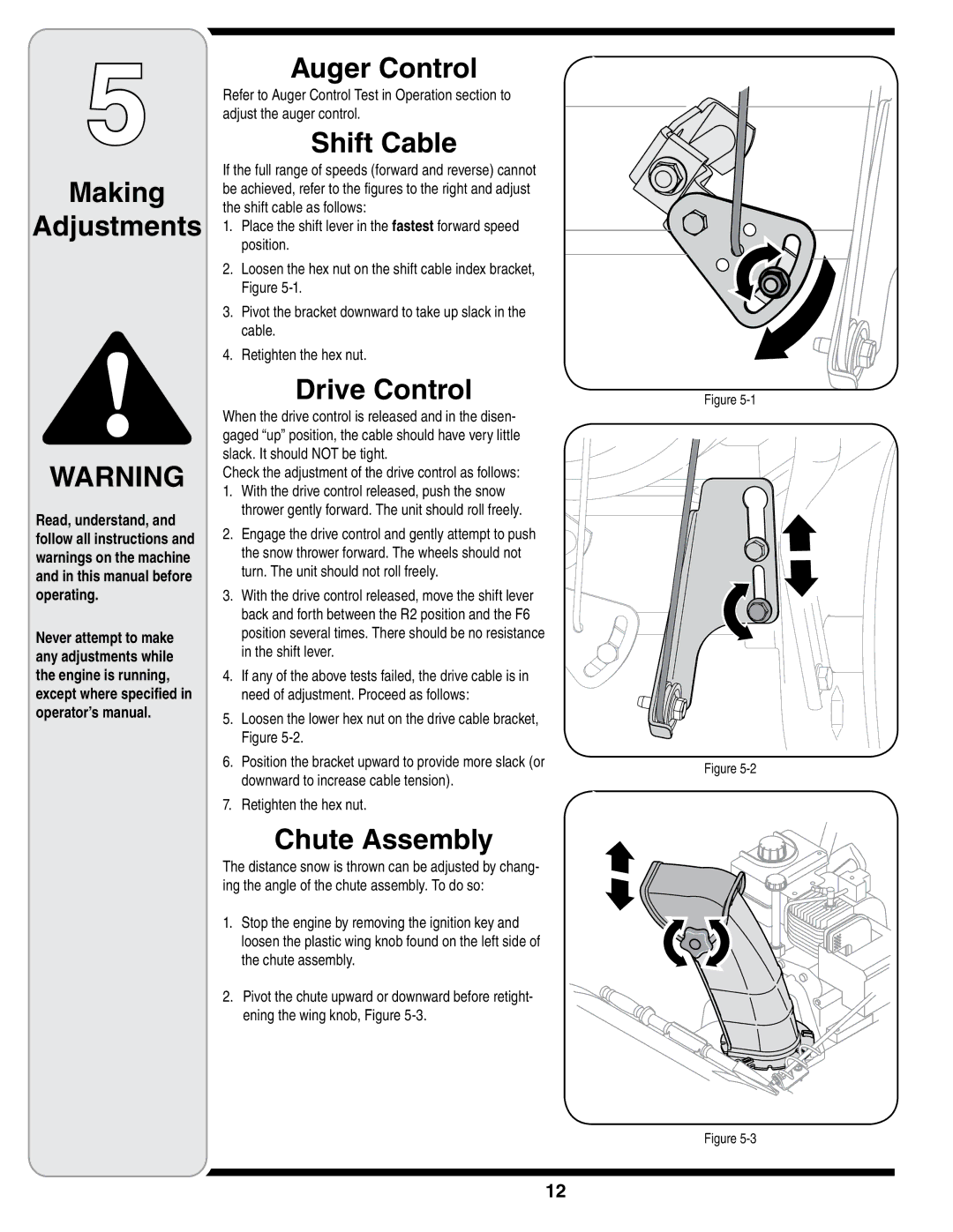 Troy-Bilt STORM Series warranty Making Adjustments, Auger Control, Shift Cable, Drive Control, Chute Assembly 