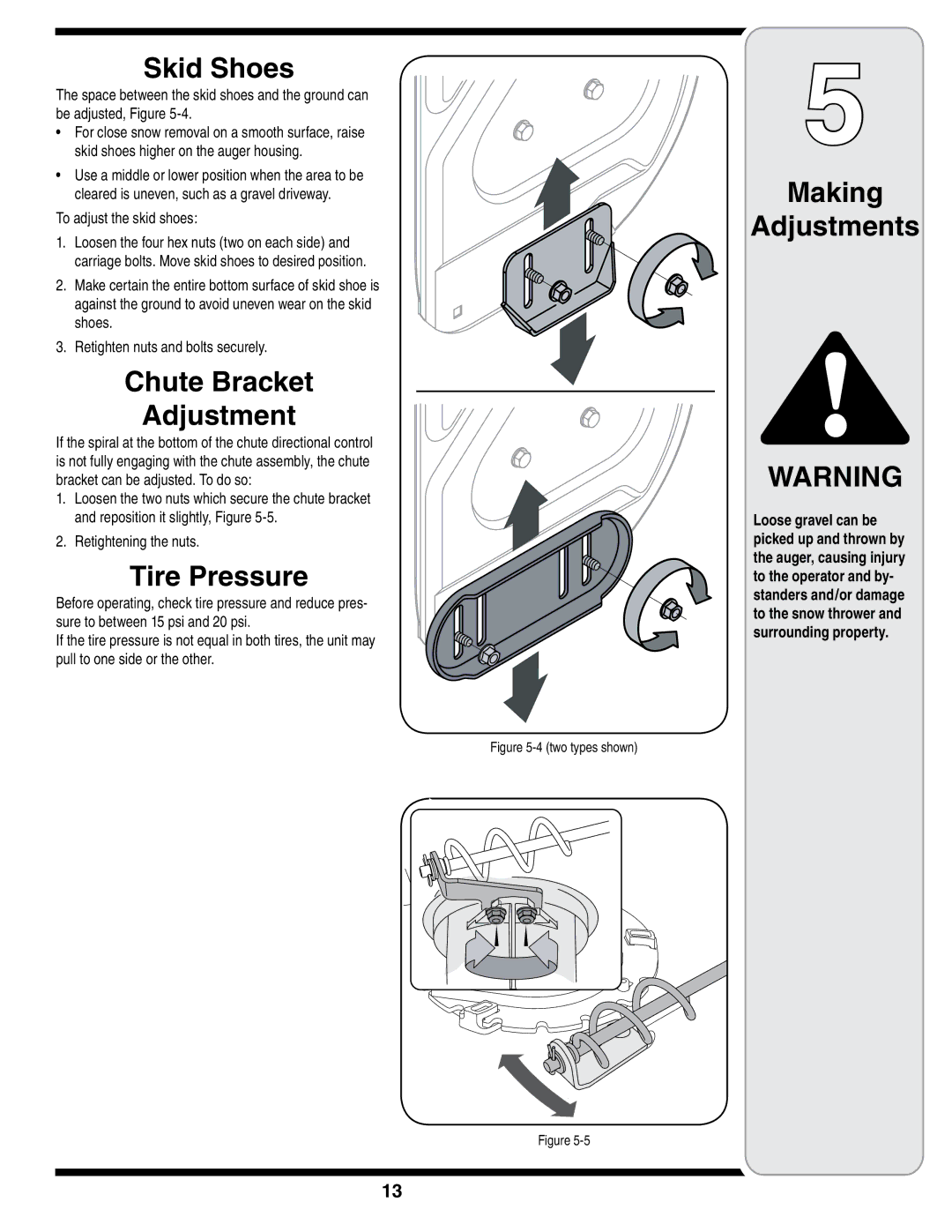 Troy-Bilt STORM Series warranty Skid Shoes, Chute Bracket Adjustment, To adjust the skid shoes 