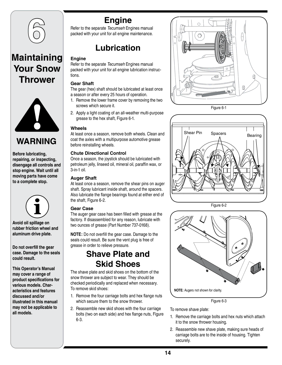 Troy-Bilt STORM Series warranty Maintaining Your Snow Thrower, Engine, Lubrication, Shave Plate Skid Shoes 