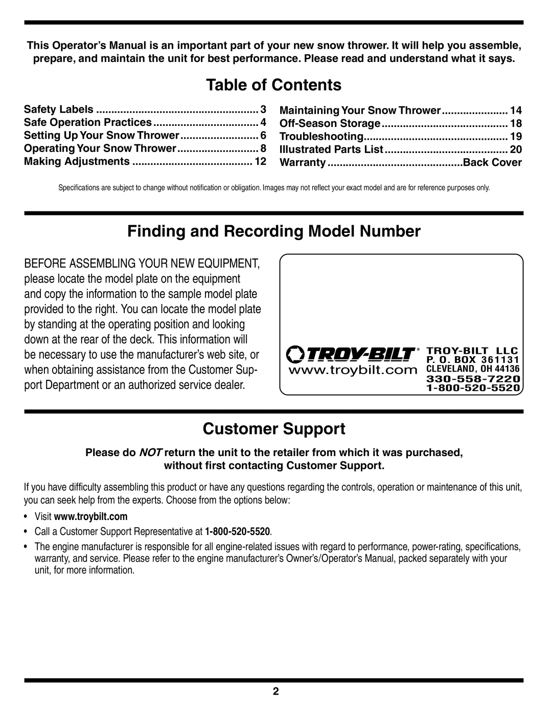 Troy-Bilt STORM Series warranty Table of Contents, Finding and Recording Model Number, Customer Support 