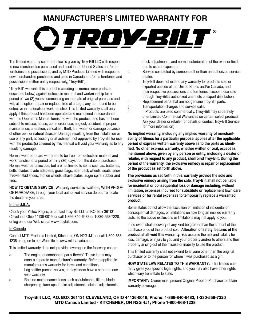 Troy-Bilt STORM Series warranty MANUFACTURER’S Limited Warranty for, U.S.A Canada 