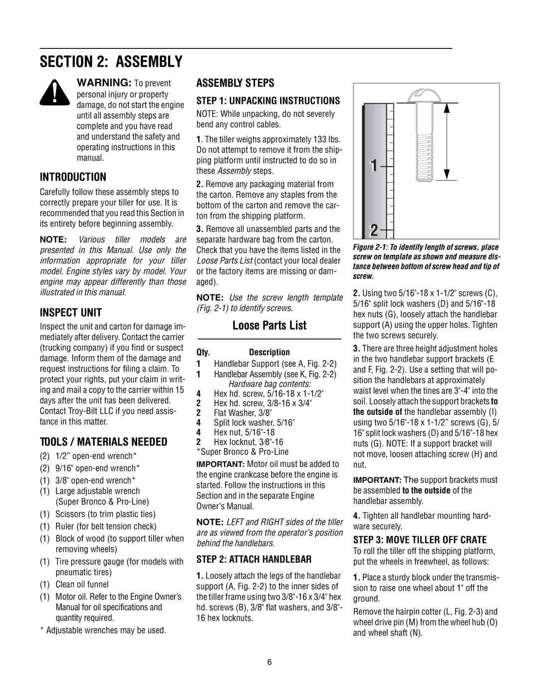 Troy-Bilt Super Bronco manual Introduction, Inspect Unit, Assembly Steps, Unpacking Instructions 