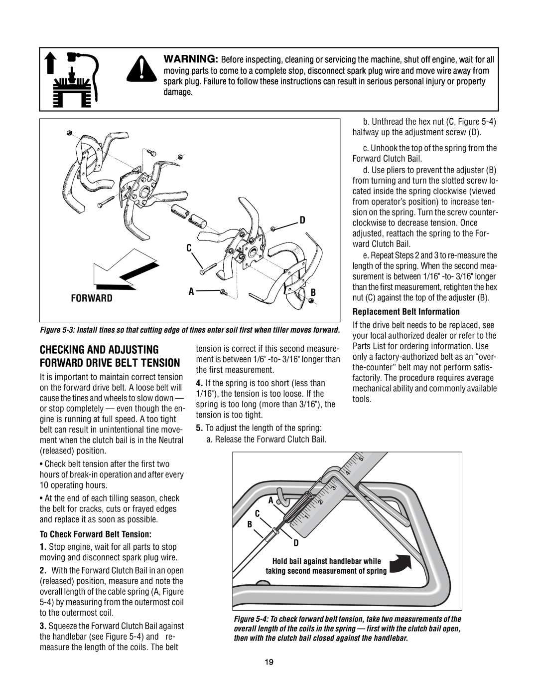 Troy-Bilt Super Bronco manual Checking And Adjusting, Forward Drive Belt Tension, Replacement Belt Information 