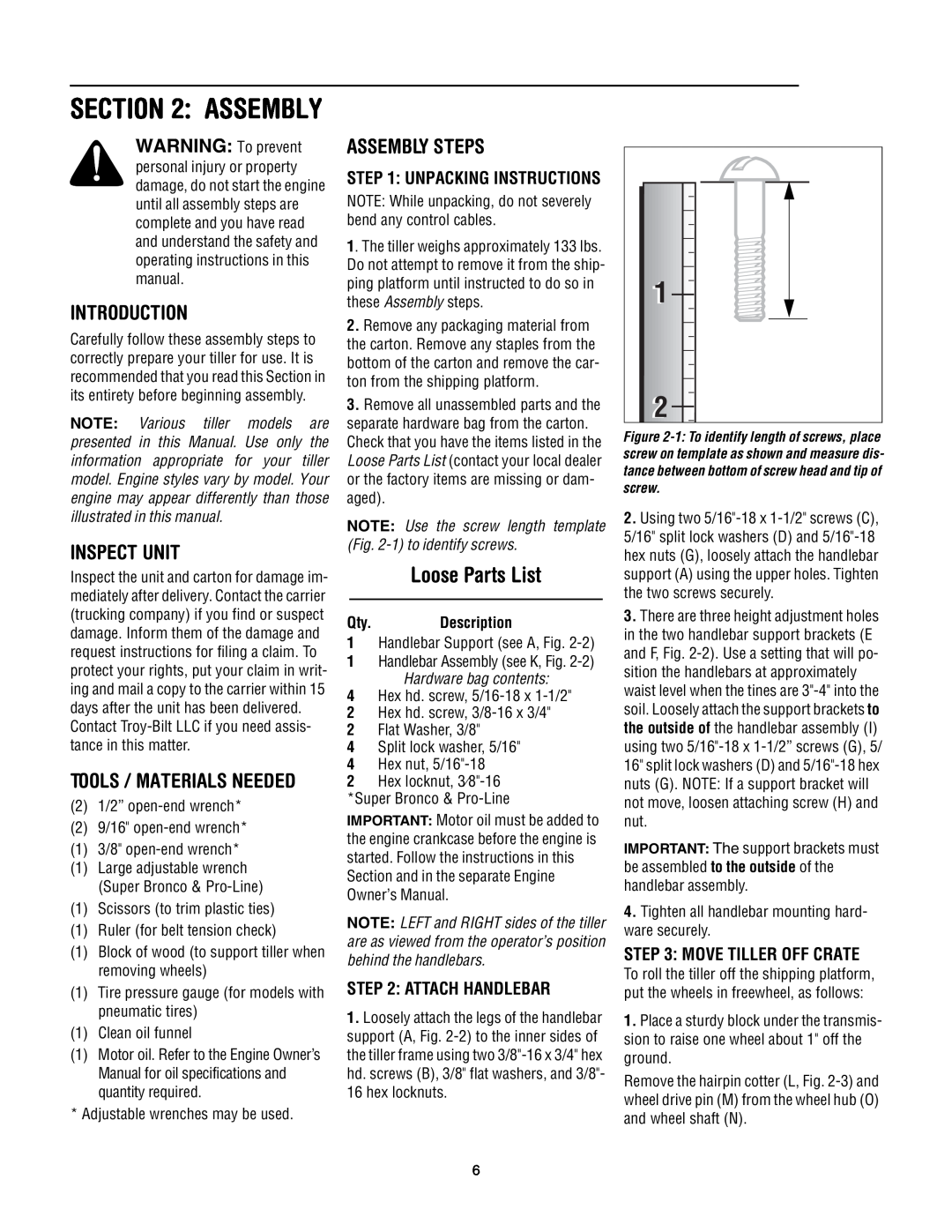 Troy-Bilt Super Bronco manual Loose Parts List, Introduction, Inspect Unit, Assembly Steps, Tools / Materials Needed 