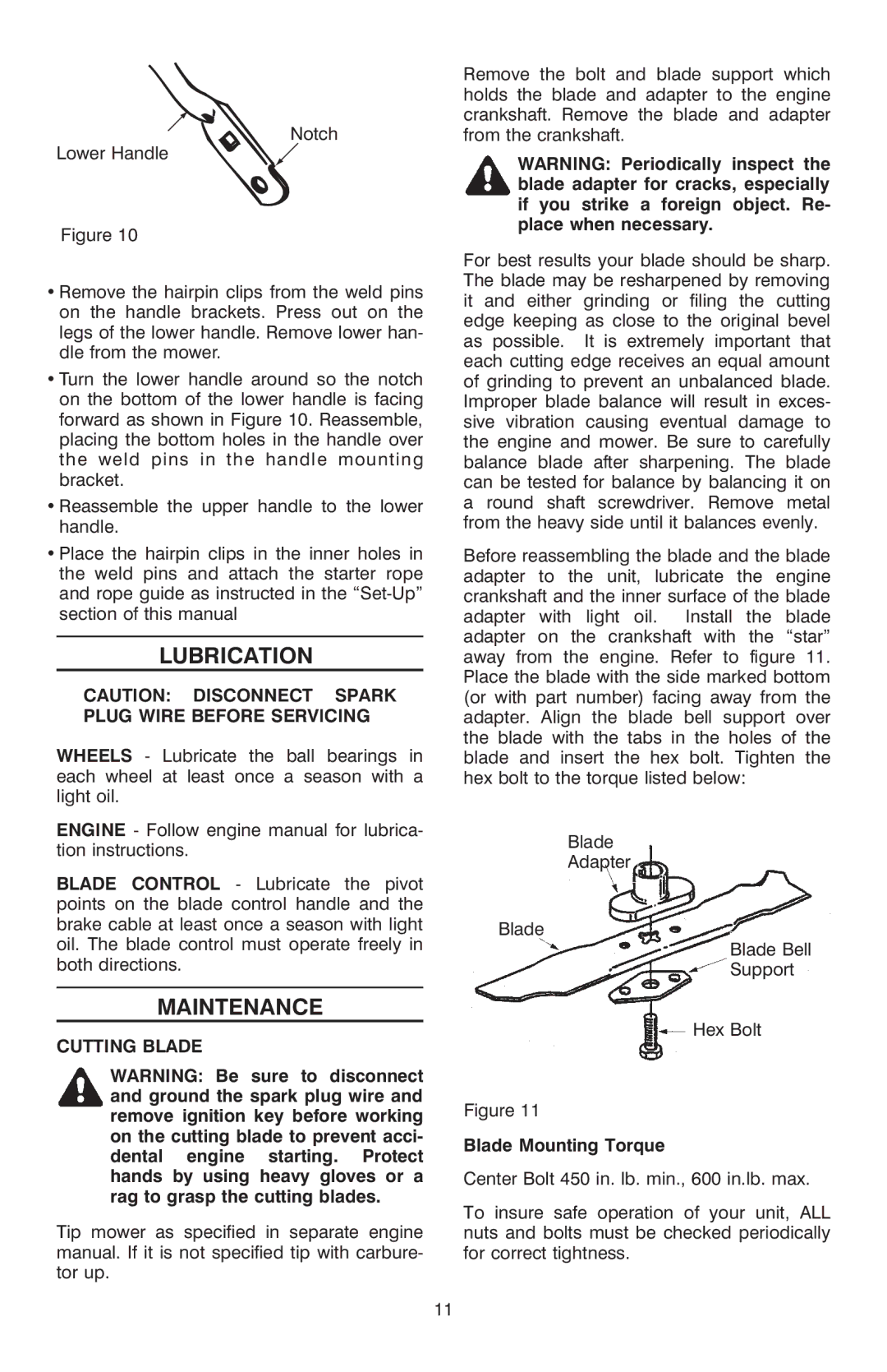 Troy-Bilt T-106 owner manual Lubrication, Maintenance, Cutting Blade, Blade Mounting Torque 