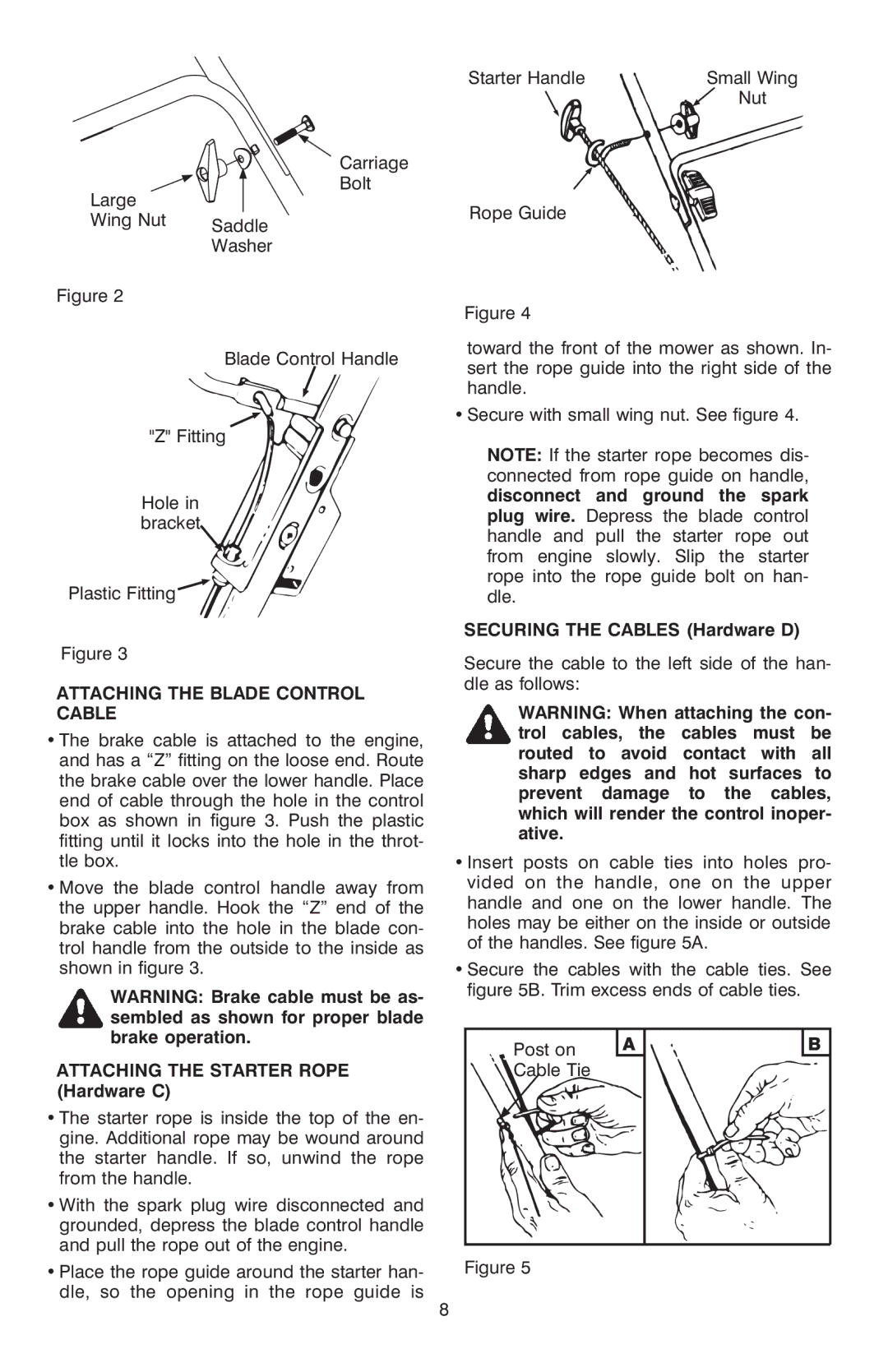 Troy-Bilt T-106 Attaching the Blade Control Cable, Attaching the Starter Rope Hardware C, Securing the Cables Hardware D 