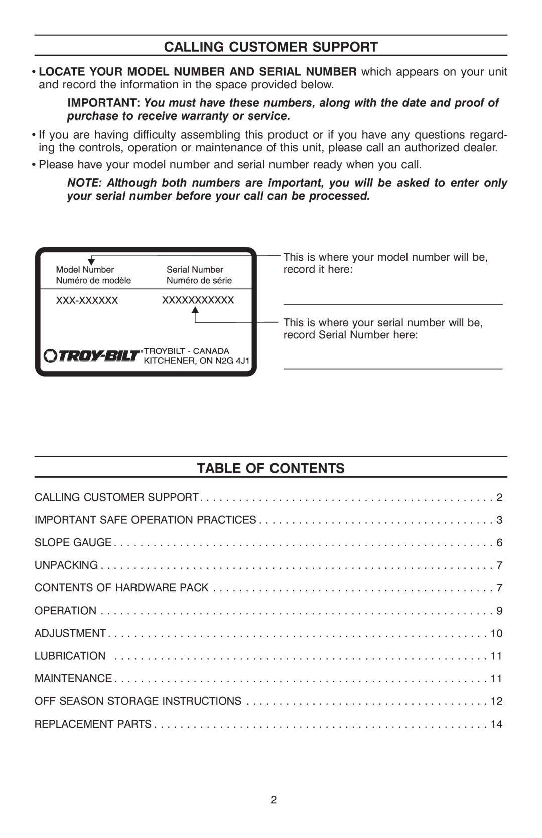 Troy-Bilt T-106 owner manual Calling Customer Support, Table of Contents 