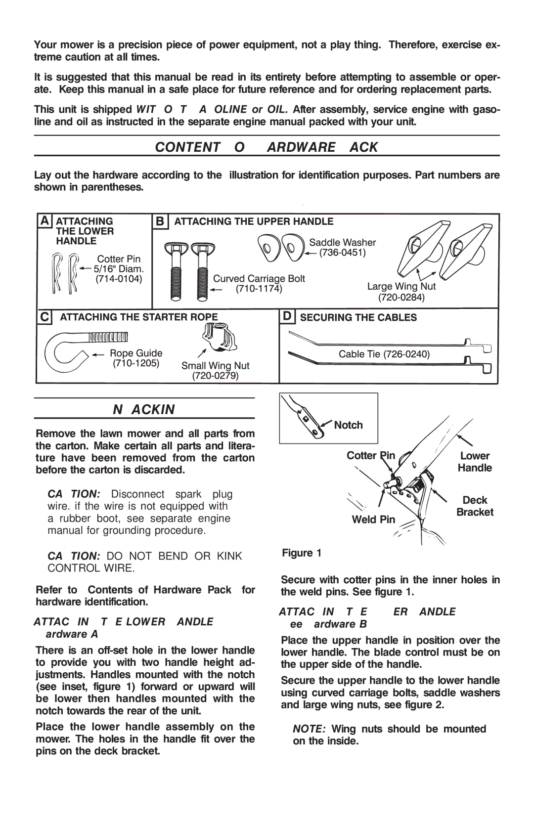 Troy-Bilt T-106 owner manual Contents of Hardware Pack, Unpacking 