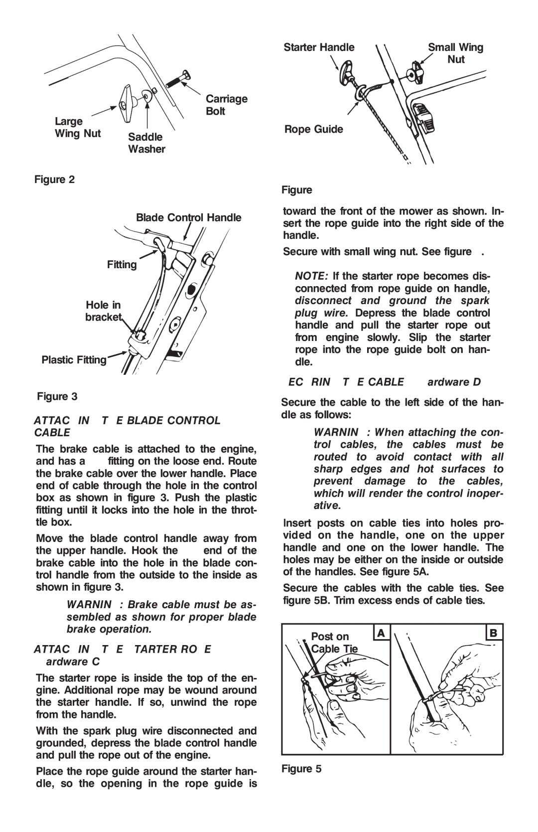 Troy-Bilt T-106 Attaching the Blade Control Cable, Attaching the Starter Rope Hardware C, Securing the Cables Hardware D 