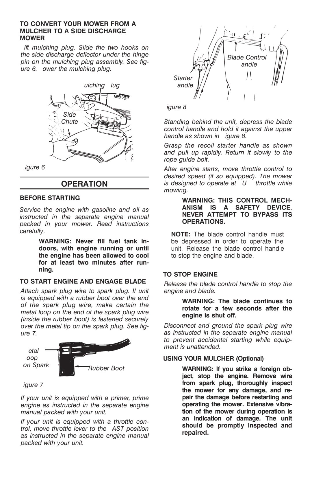 Troy-Bilt T-106 Operation, Before Starting, To Start Engine and Engage Blade, To Stop Engine, Using Your Mulcher Optional 