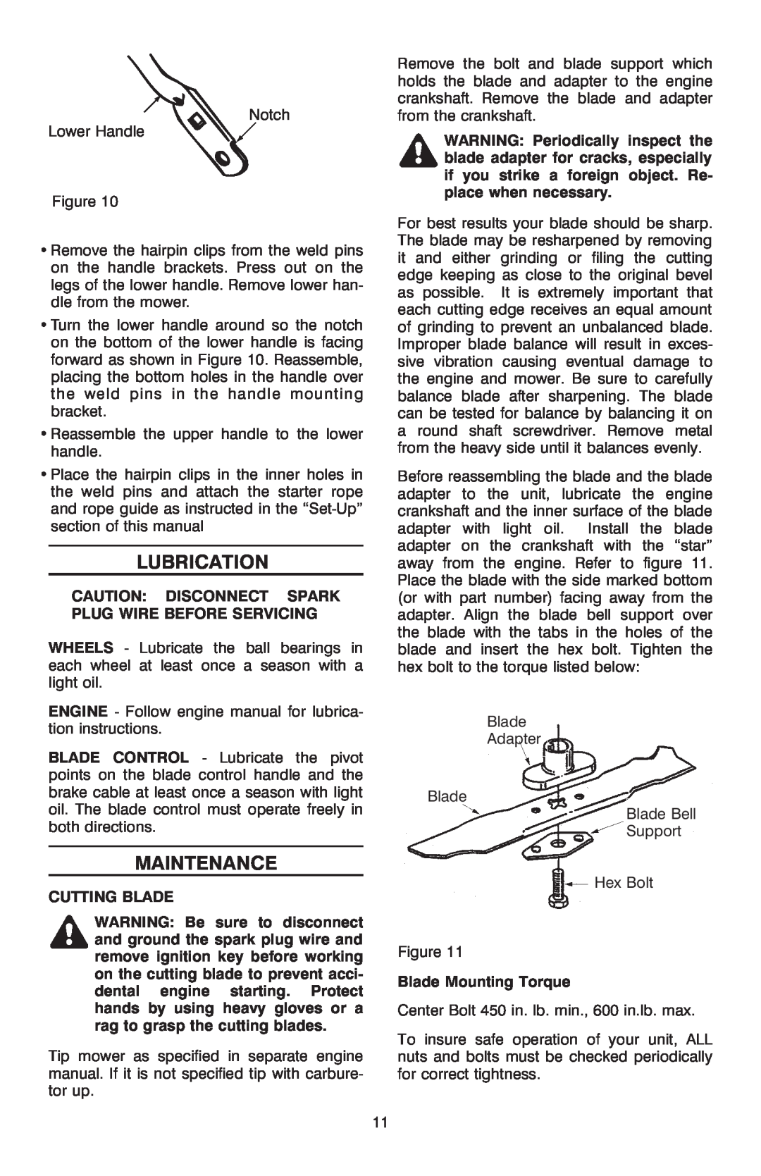 Troy-Bilt T-106 owner manual Lubrication, Maintenance, Caution Disconnect Spark Plug Wire Before Servicing, Cutting Blade 