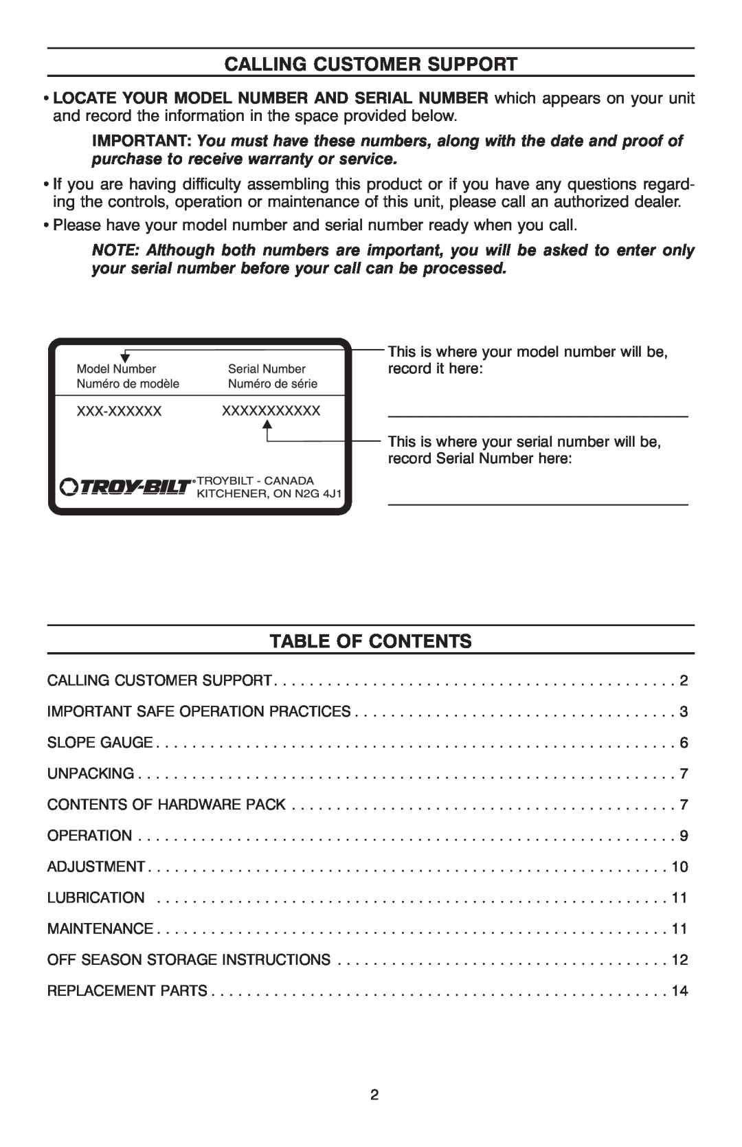 Troy-Bilt T-106 owner manual Calling Customer Support, Table Of Contents 