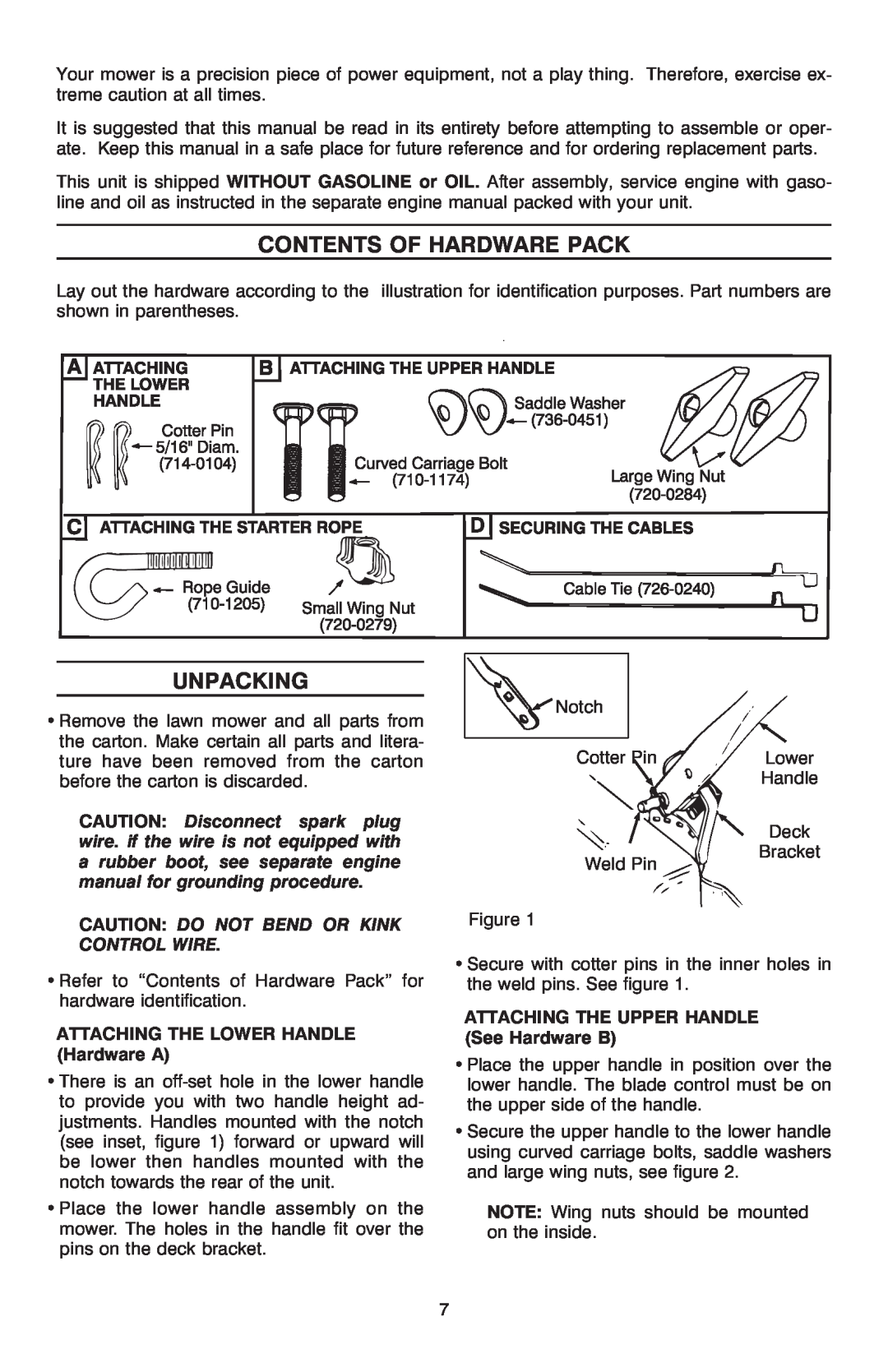 Troy-Bilt T-106 owner manual Contents Of Hardware Pack, Unpacking, ATTACHING THE LOWER HANDLE Hardware A 