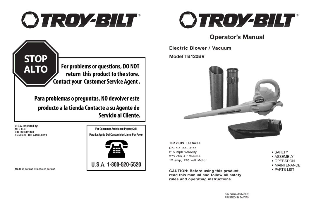 Troy-Bilt TB120BV manual Stop 