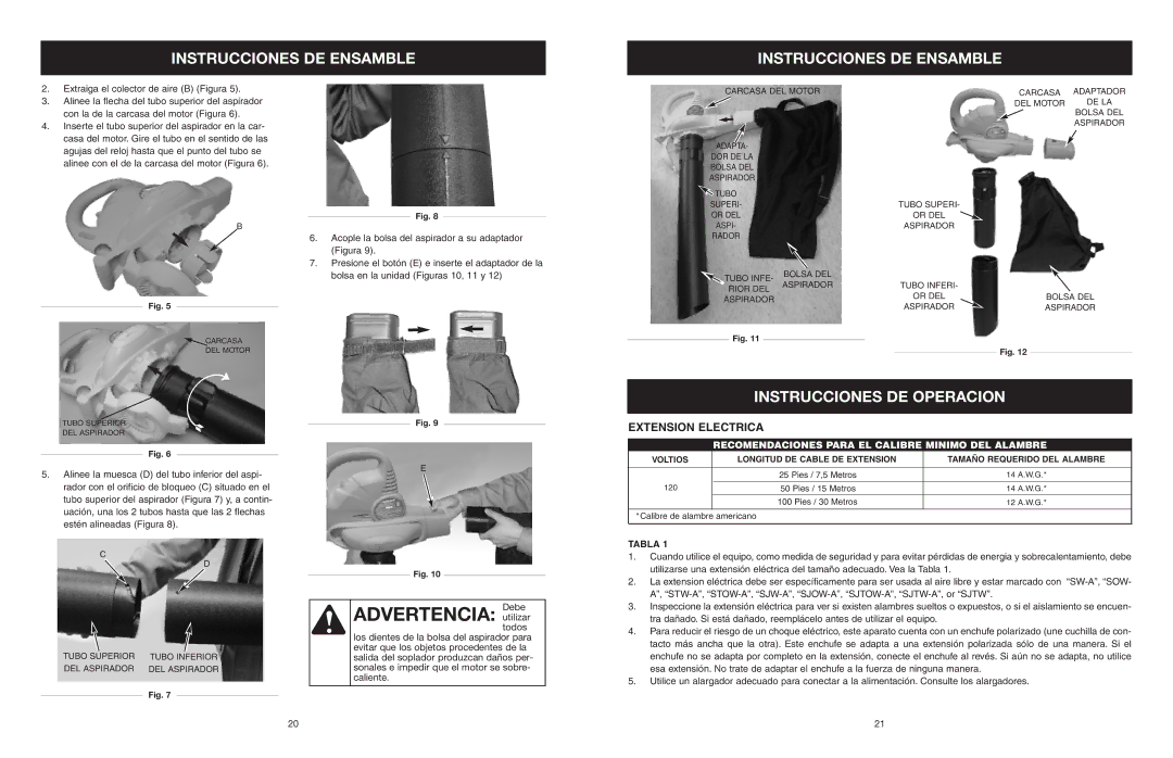 Troy-Bilt TB120BV manual Advertencia utilizar, Instrucciones DE Operacion, Extension Electrica 