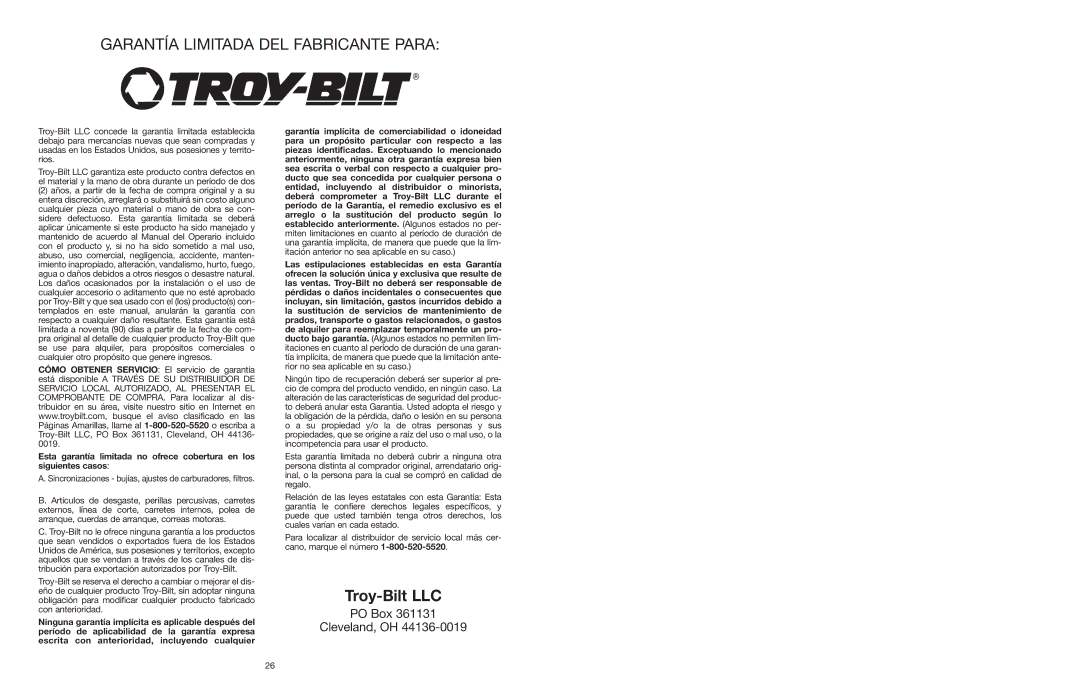 Troy-Bilt TB120BV manual Garantía Limitada DEL Fabricante Para 