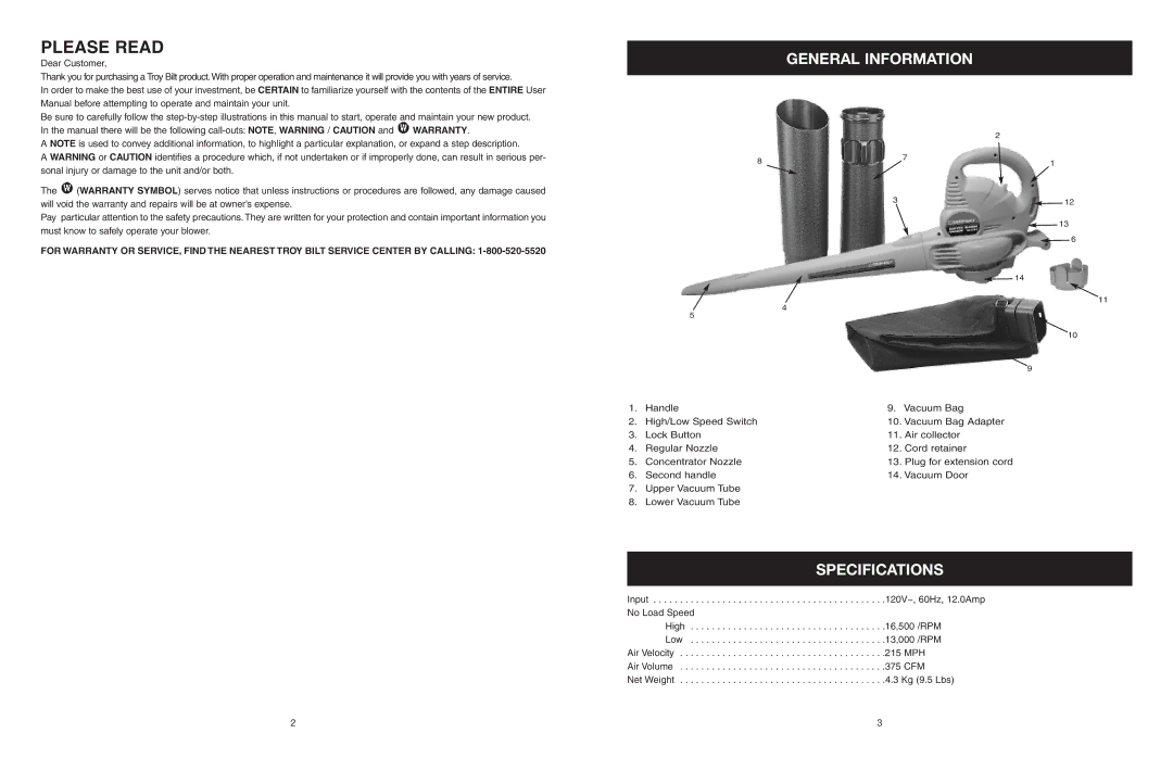 Troy-Bilt TB120BV manual General Information, Specifications 