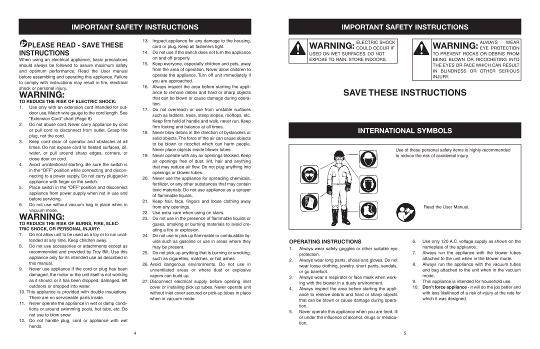 Troy-Bilt TB120BV manual Important Safety Instructions, International Symbols, Operating Instructions 