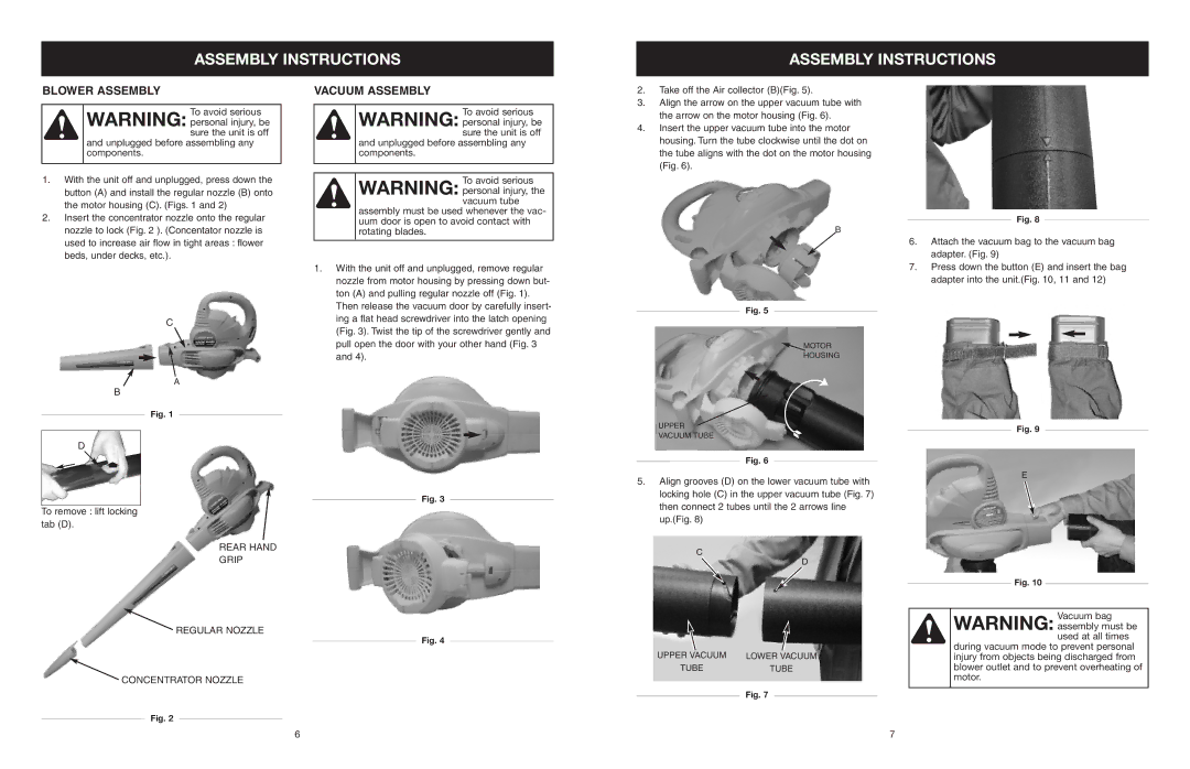 Troy-Bilt TB120BV manual Assembly Instructions, Blower Assembly, Vacuum Assembly 