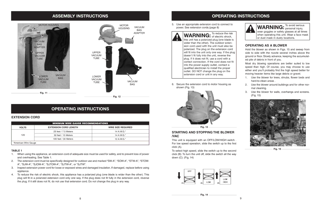 Troy-Bilt TB120BV manual Assembly Instructions Operating Instructions, Extension Cord, Operating AS a Blower 