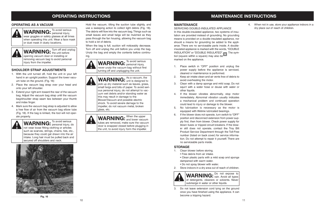 Troy-Bilt TB120BV manual Operating Instructions Maintenance Instructions, Operating AS a Vacuum, Shoulder Strap Adjustments 