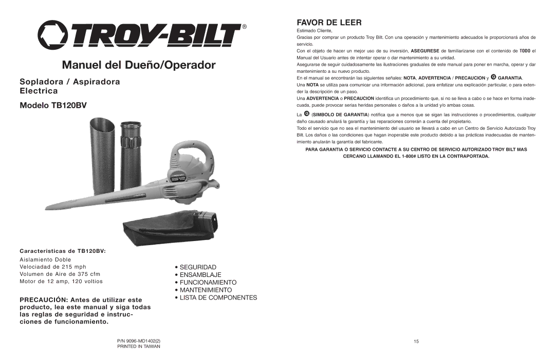 Troy-Bilt TB120BV manual Manuel del Dueño/Operador 