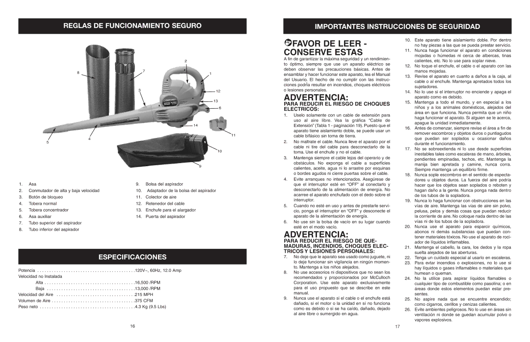 Troy-Bilt TB120BV manual Especificaciones, Para Reducir EL Riesgo DE Choques Electricos 