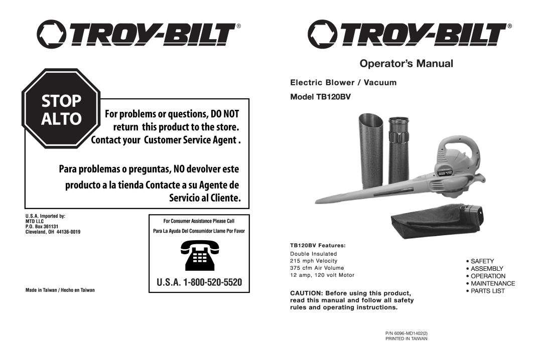 Troy-Bilt manual Electric Blower / Vacuum Model TB120BV, Safety Assembly Operation Maintenance Parts List, Stop, U.S.A 