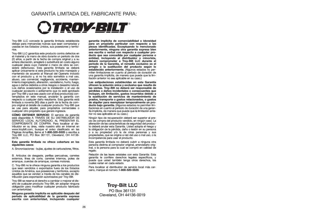 Troy-Bilt TB120BV manual Garantía Limitada Del Fabricante Para, PO Box Cleveland, OH, Troy-Bilt LLC 