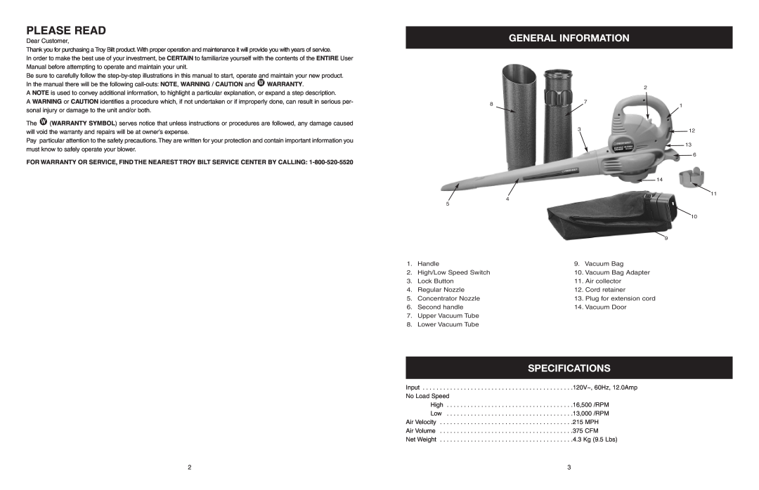 Troy-Bilt TB120BV manual Please Read, General Information, Specifications 