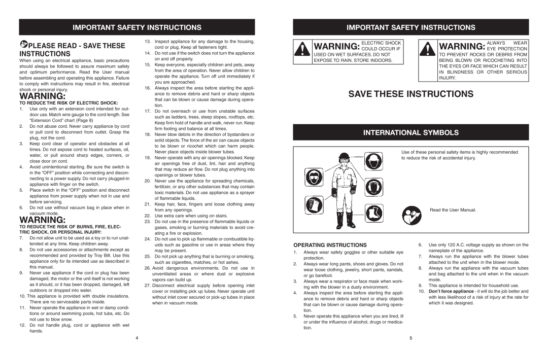 Troy-Bilt TB120BV Save These Instructions, Important Safety Instructions, International Symbols, Operating Instructions 