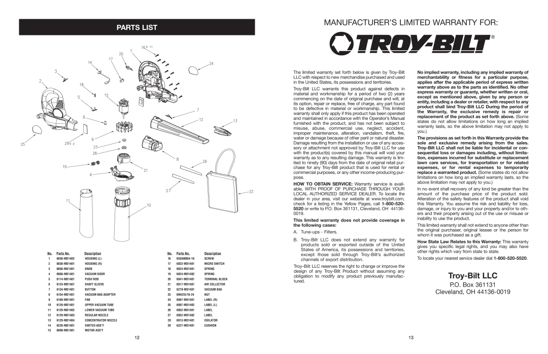 Troy-Bilt TB120BV manual Manufacturer’S Limited Warranty For, Troy-Bilt LLC, Parts List, P.O. Box Cleveland, OH 