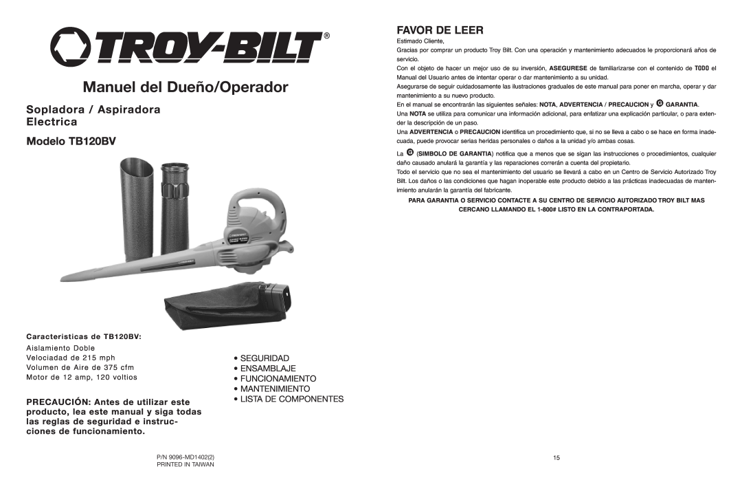 Troy-Bilt manual Sopladora / Aspiradora Electrica Modelo TB120BV, Favor De Leer, Lista De Componentes 