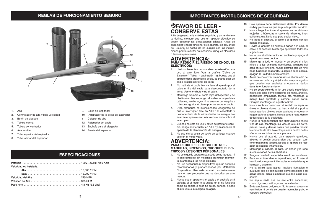 Troy-Bilt TB120BV manual Favor De Leer Conserve Estas, Advertencia, Reglas De Funcionamiento Seguro, Especificaciones 