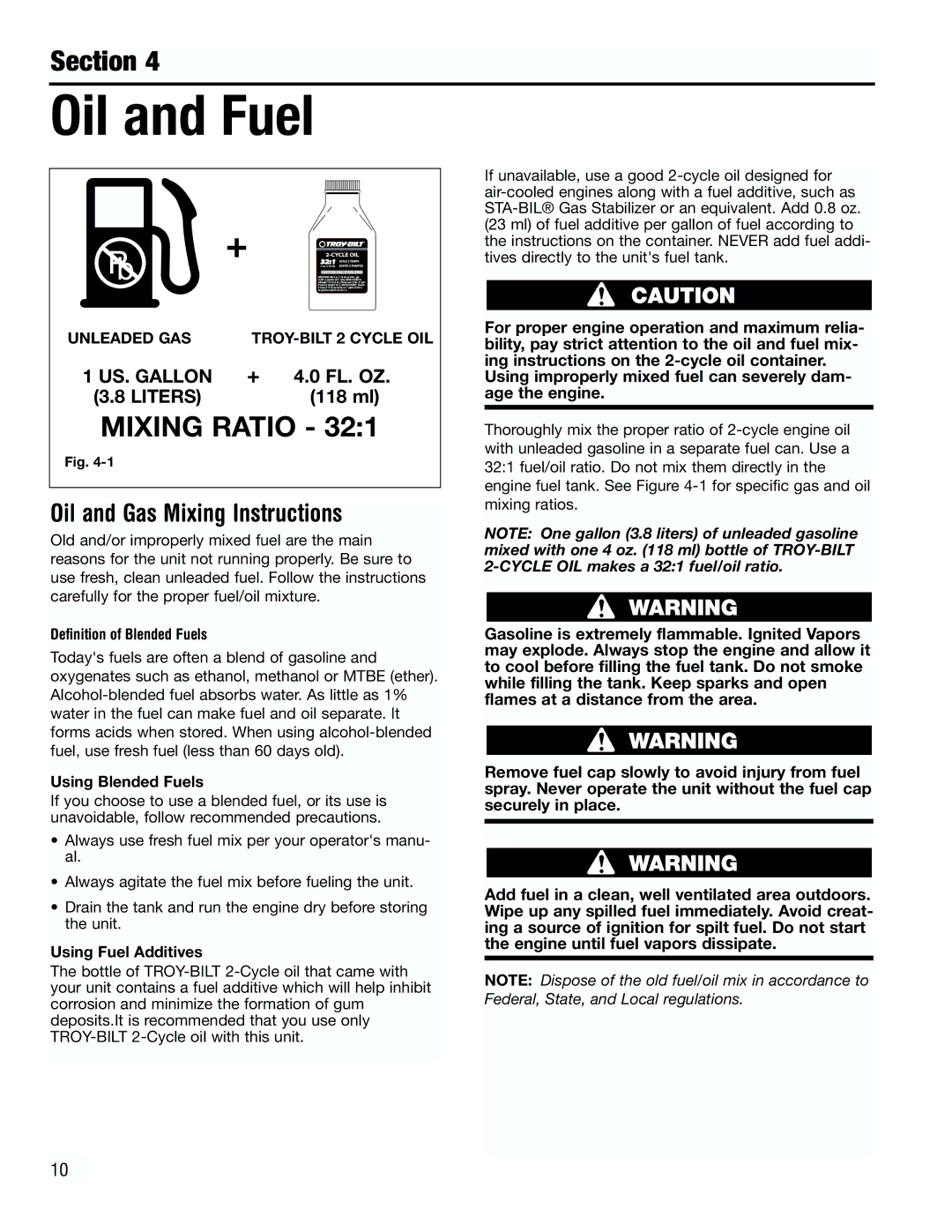 Troy-Bilt TB2000 manual Oil and Fuel, Definition of Blended Fuels, Using Blended Fuels, Using Fuel Additives 