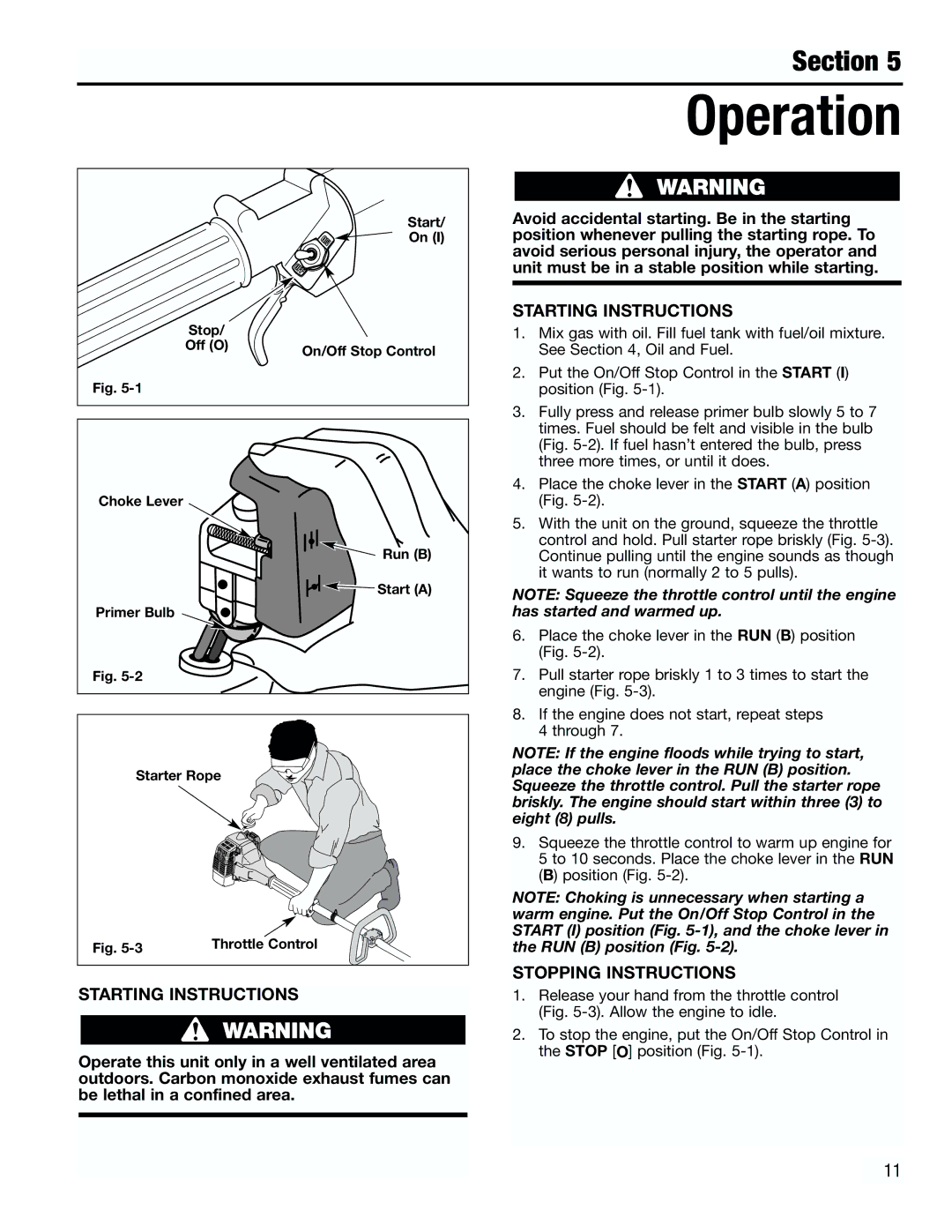 Troy-Bilt TB2000 manual Operation, Starting Instructions, Stopping Instructions 