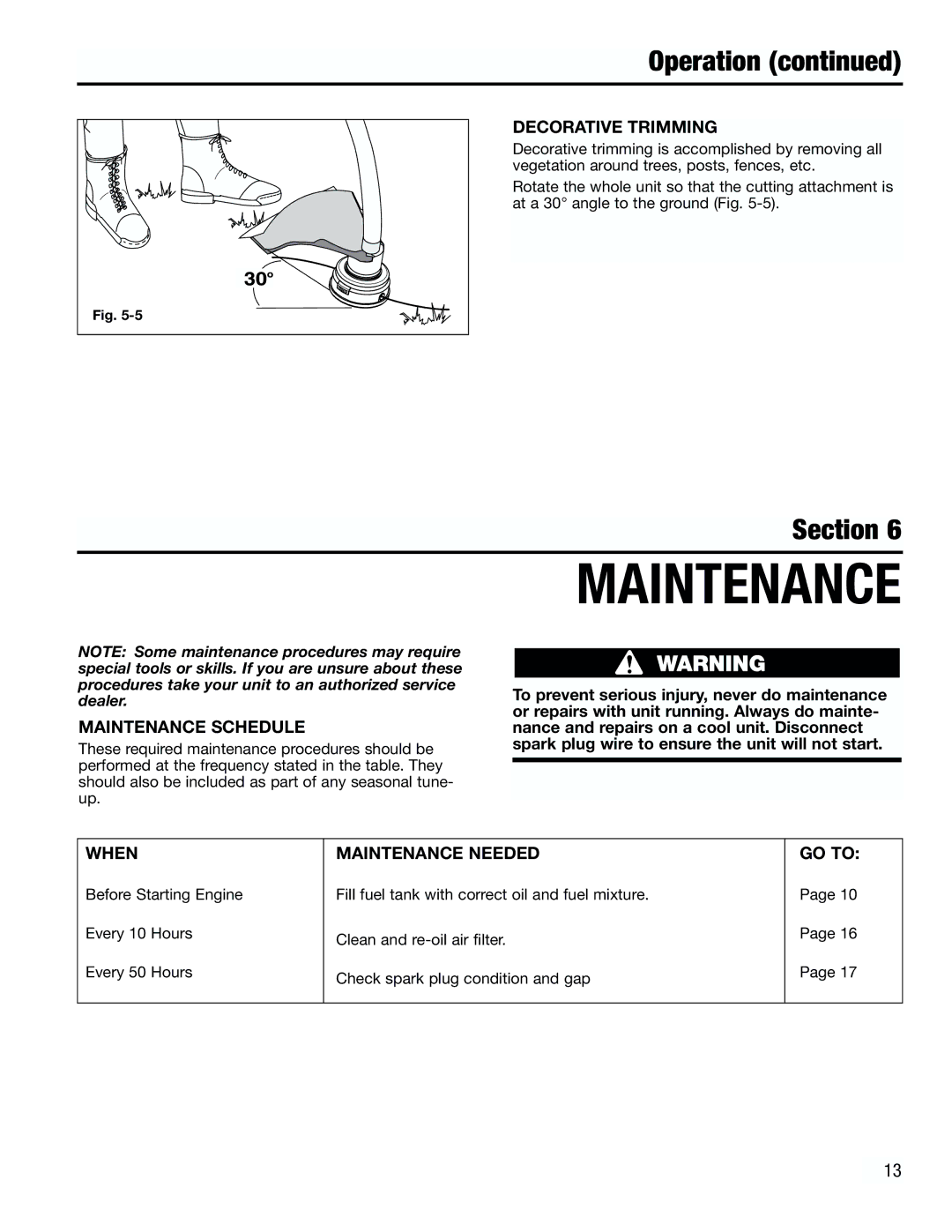 Troy-Bilt TB2000 manual Decorative Trimming, Maintenance Schedule, When Maintenance Needed GO to 