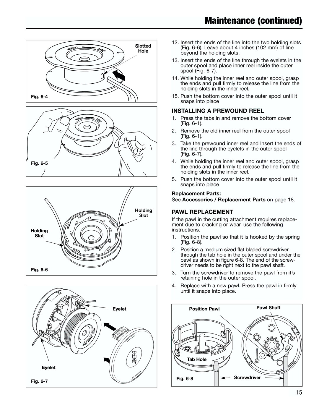 Troy-Bilt TB2000 Installing a Prewound Reel, Pawl Replacement, Replacement Parts See Accessories / Replacement Parts on 