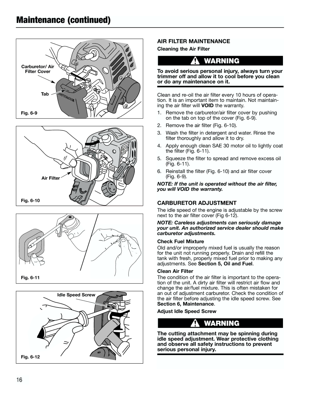 Troy-Bilt TB2000 manual AIR Filter Maintenance, Carburetor Adjustment, Cleaning the Air Filter, Check Fuel Mixture 