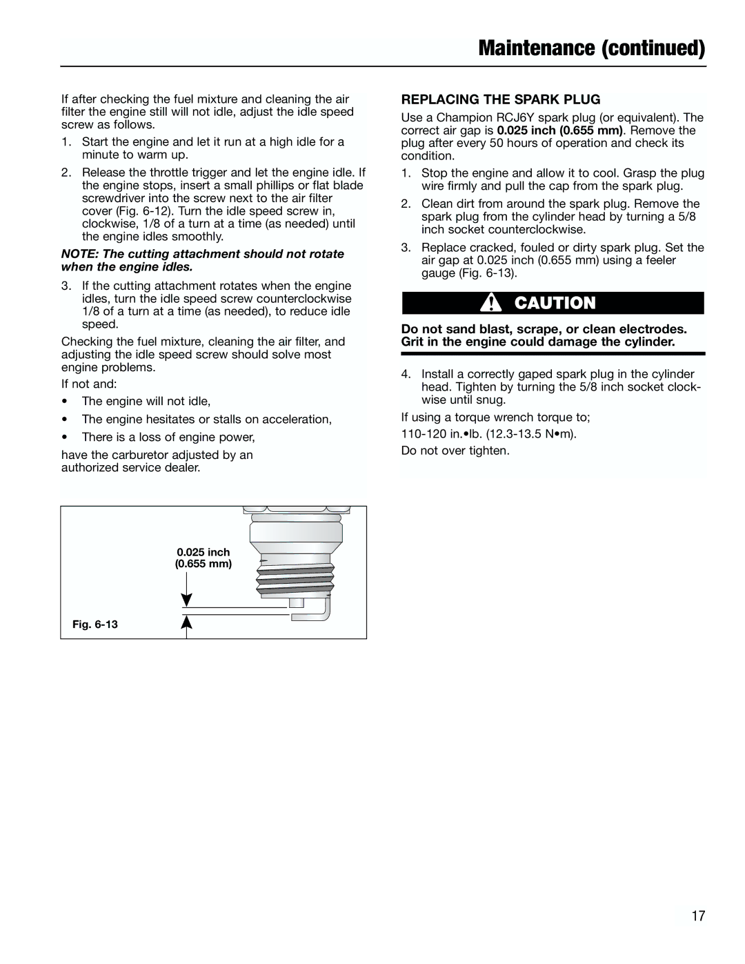 Troy-Bilt TB2000 manual Replacing the Spark Plug 