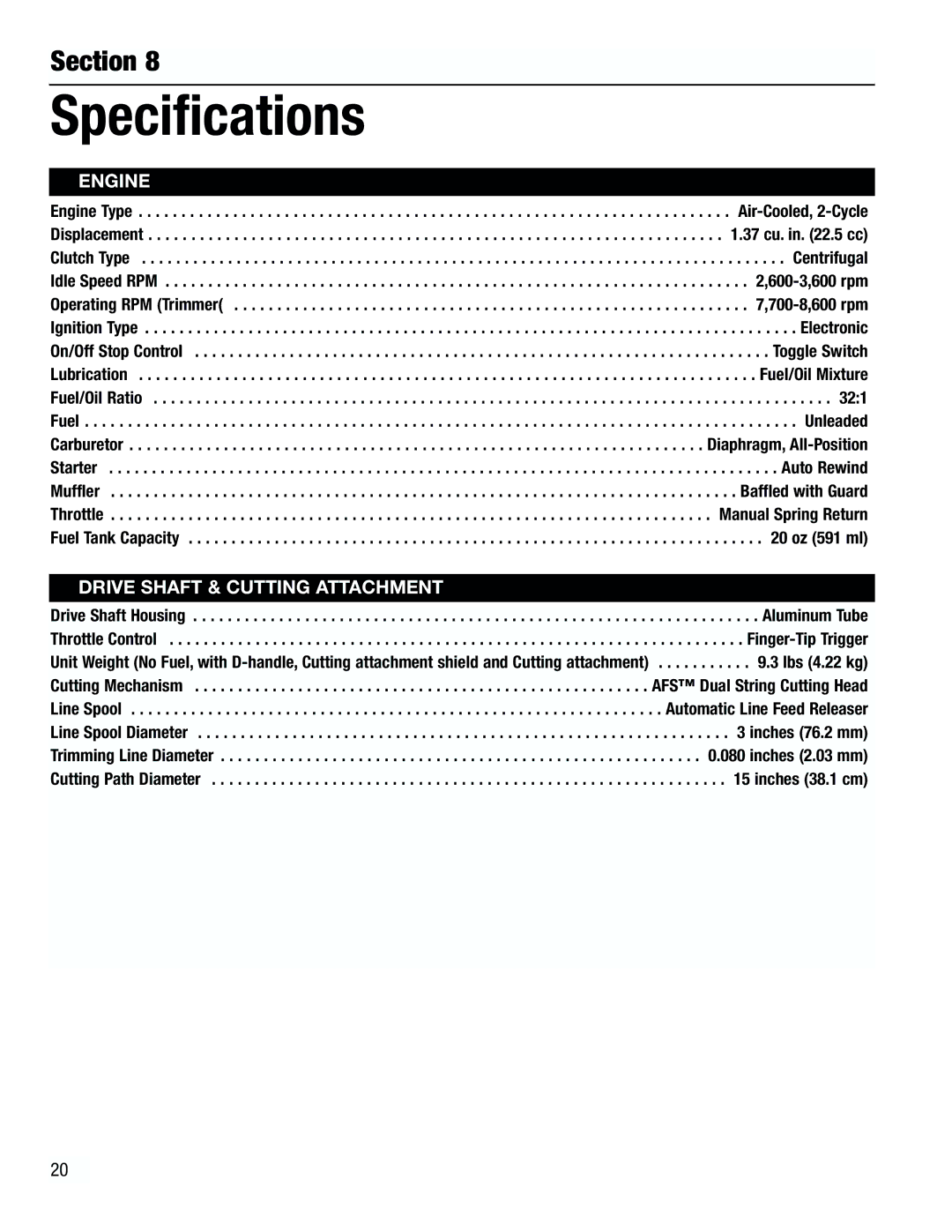 Troy-Bilt TB2000 manual Specifications, Engine 