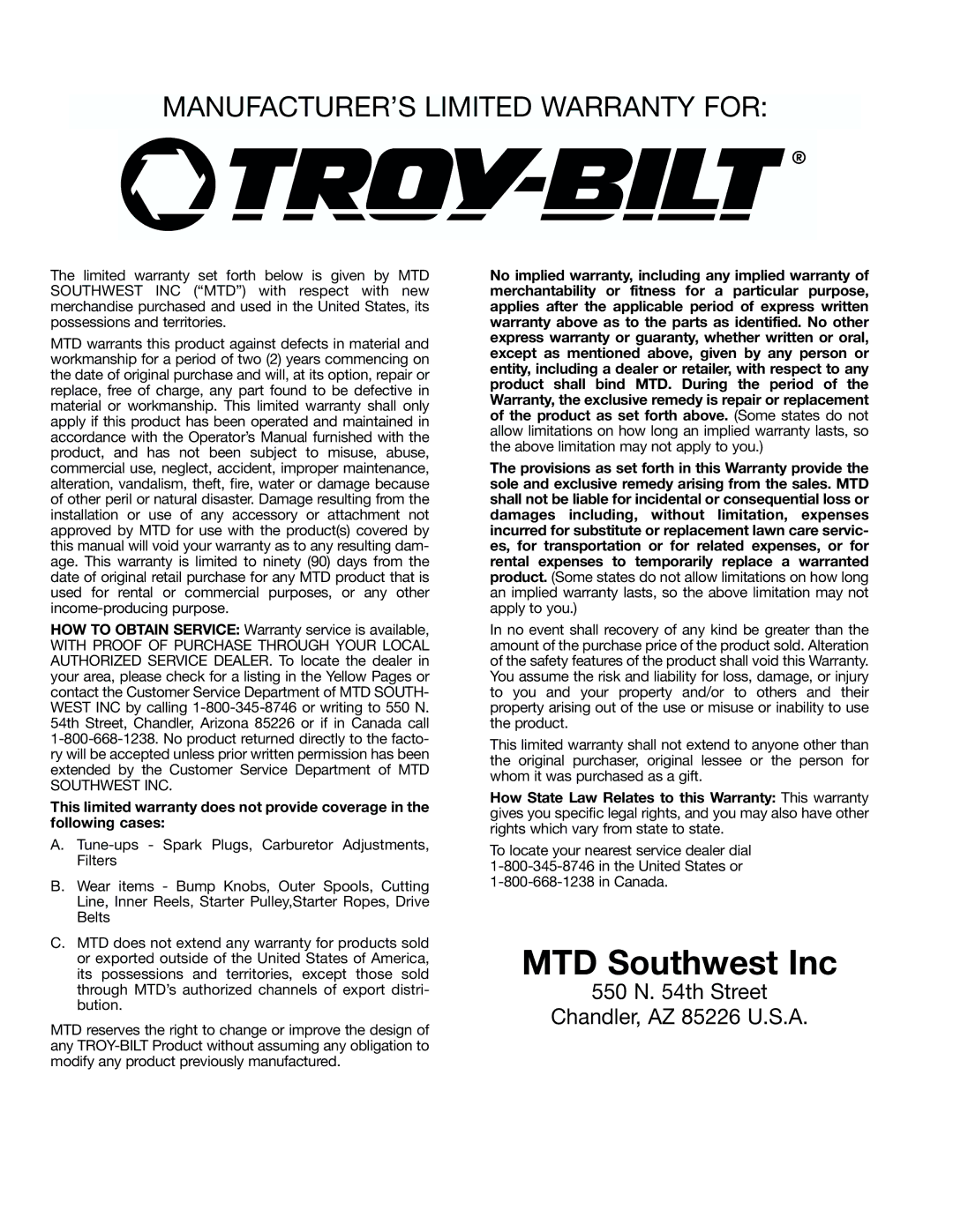 Troy-Bilt TB2000 manual MTD Southwest Inc 