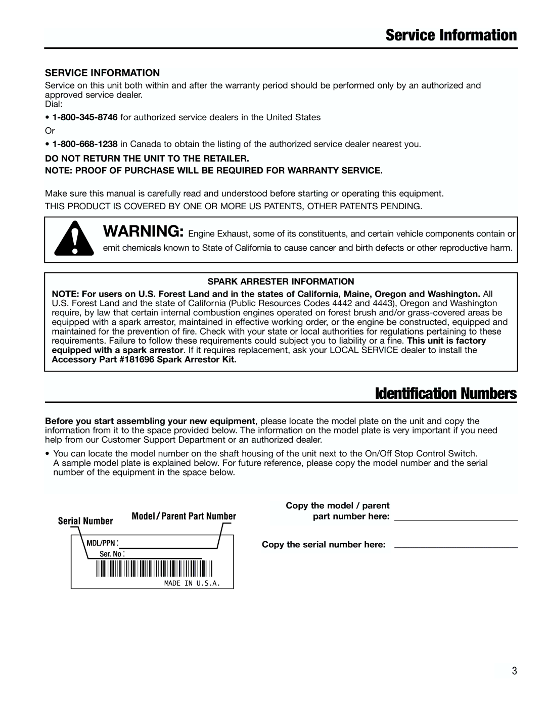 Troy-Bilt TB2000 manual Service Information, Accessory 181696 Spark Arrestor Kit 