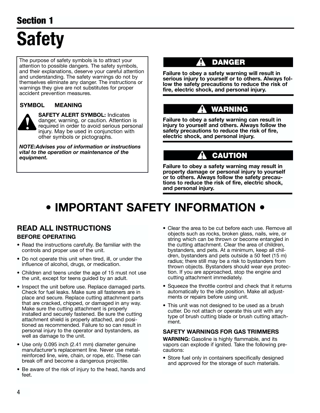 Troy-Bilt TB2000 manual Symbol Meaning, Before Operating, Safety Warnings for GAS Trimmers 