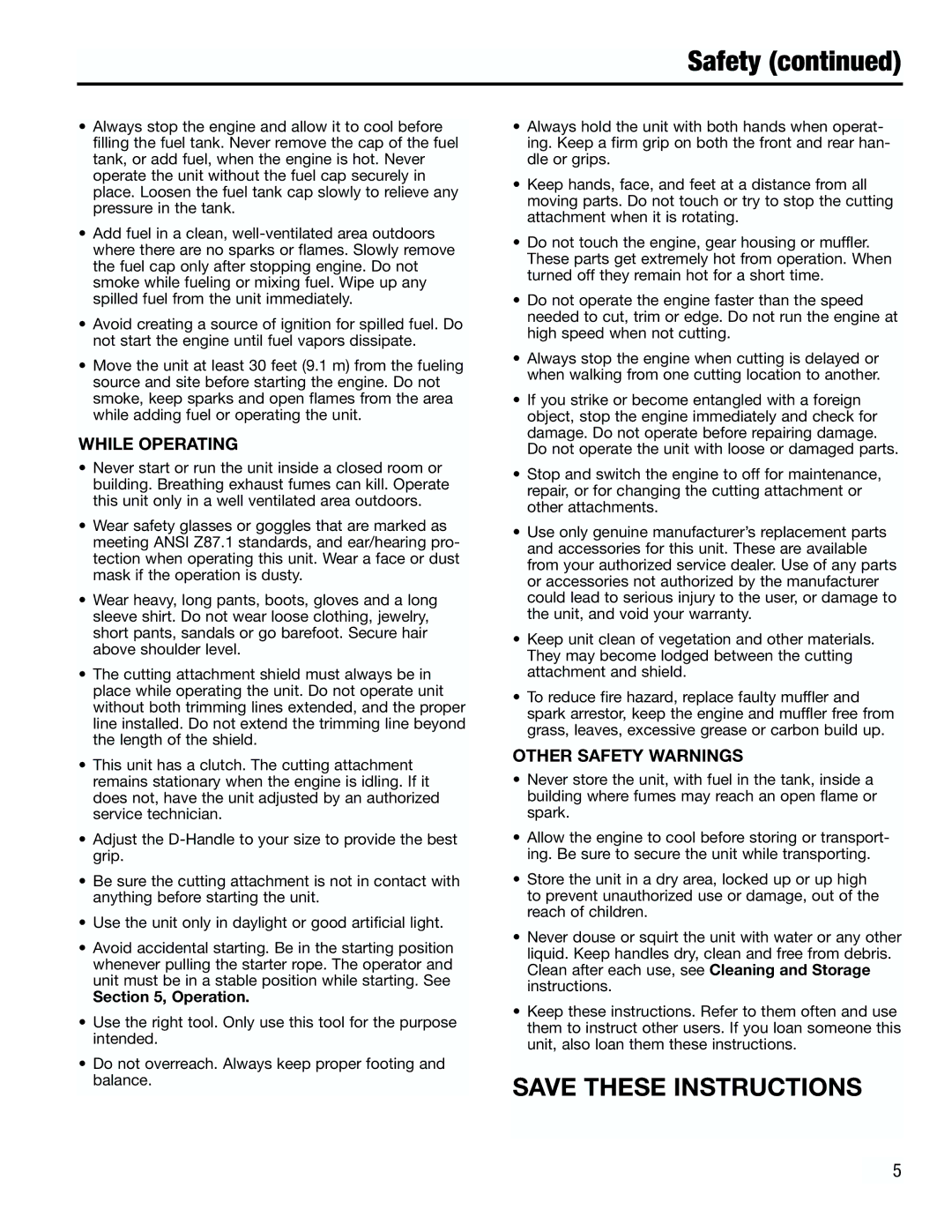 Troy-Bilt TB2000 manual While Operating, Other Safety Warnings, Operation 