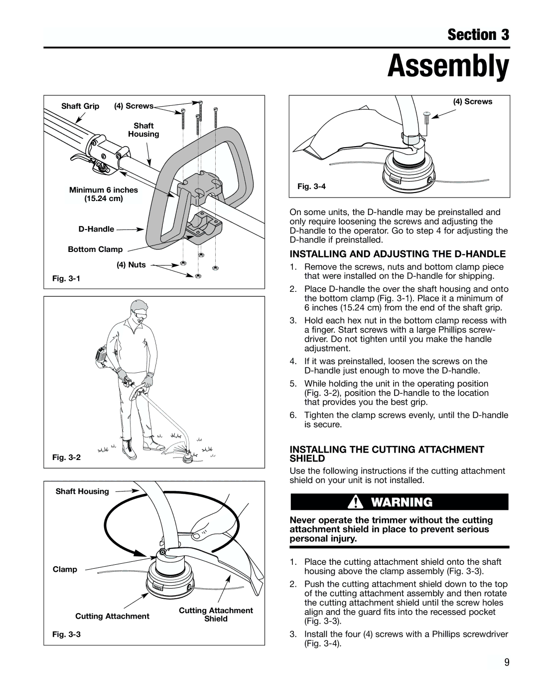 Troy-Bilt TB2000 manual Assembly, Installing and Adjusting the D-HANDLE, Installing the Cutting Attachment Shield 