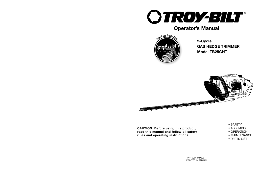 Troy-Bilt tb25ght operating instructions Operator’s Manual 